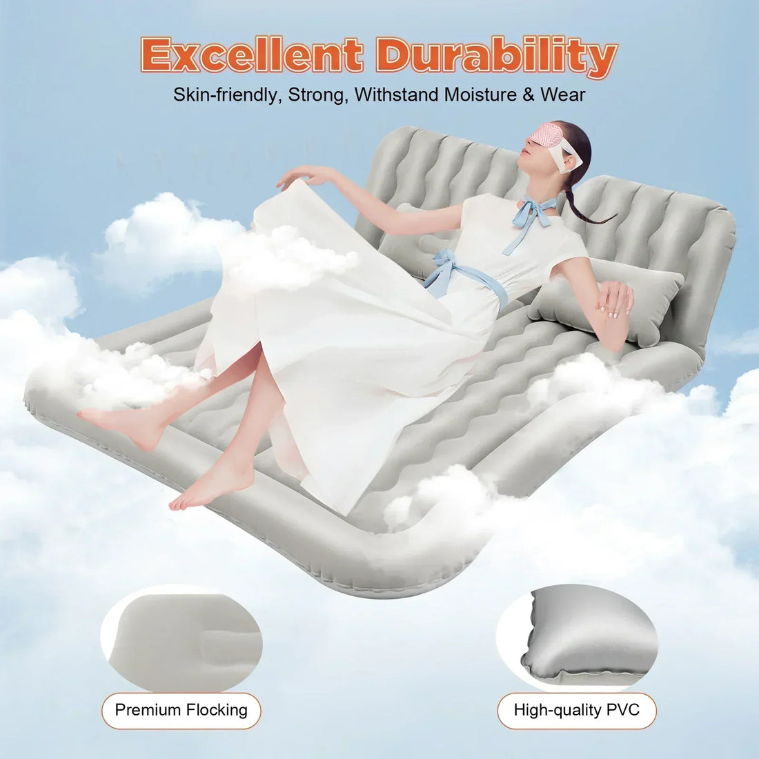SUV air mattress with two headrests and dimension measurements for car camping
