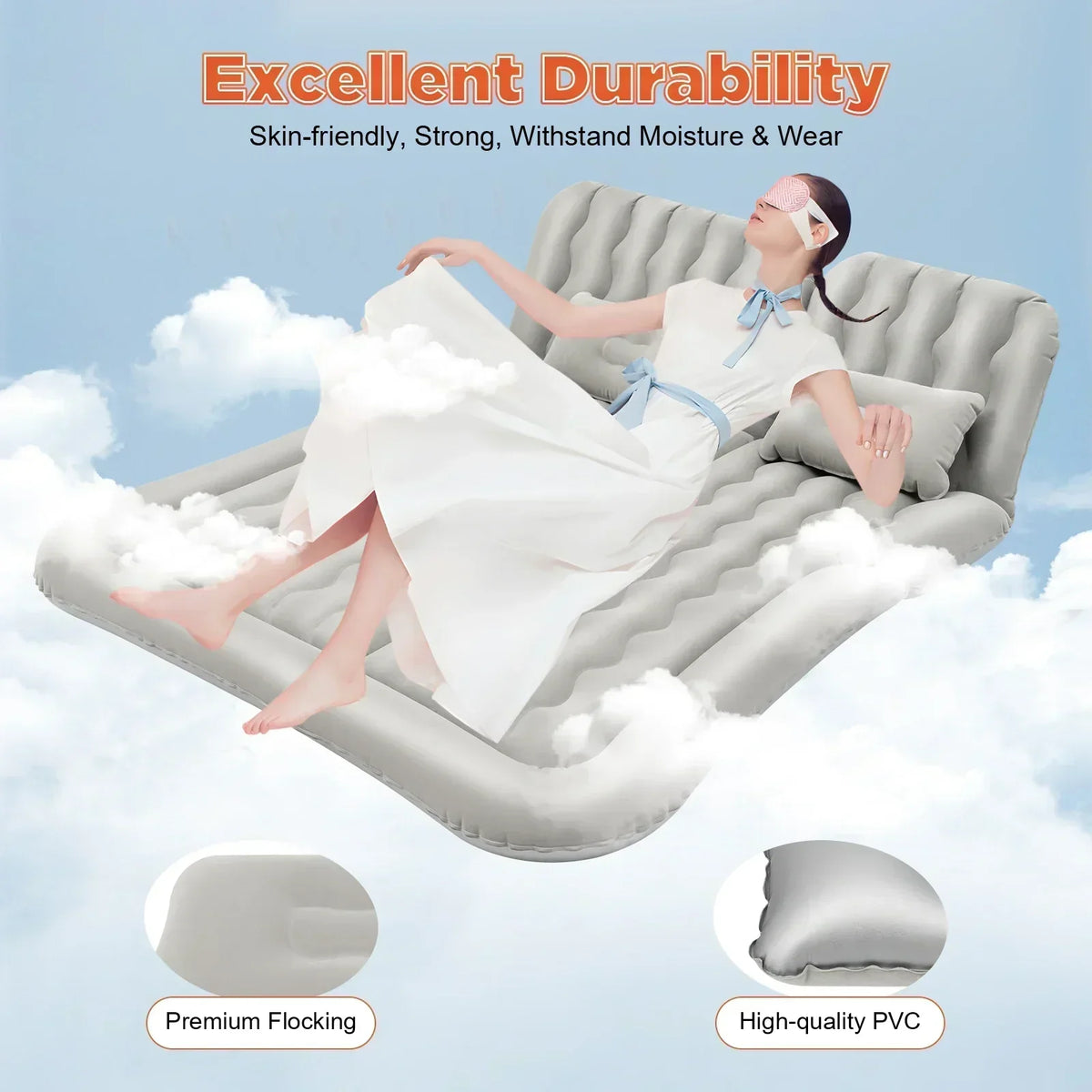 SUV air mattress with two headrests and dimension measurements for car camping
