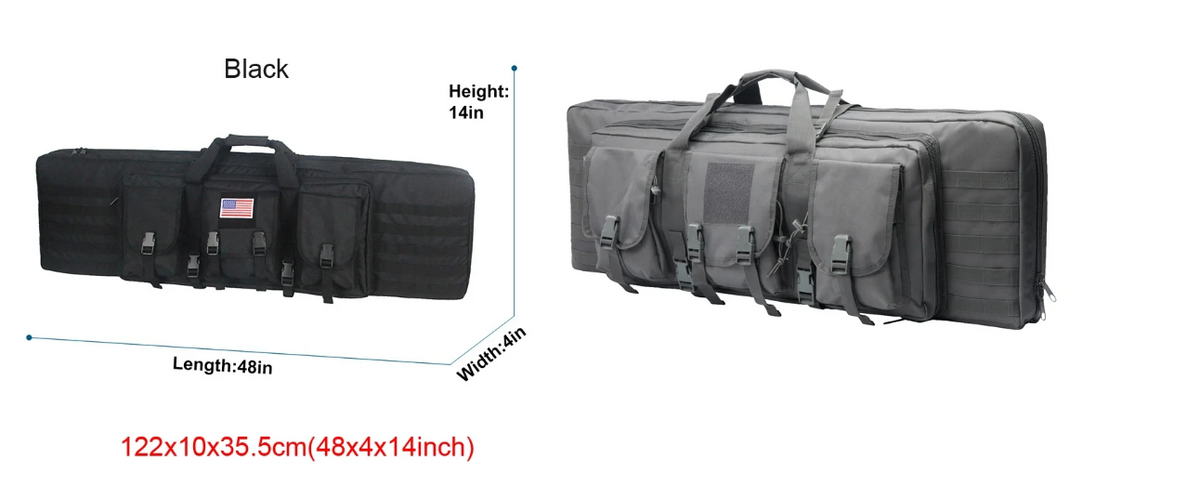 LQARMY 48-inch black double rifle case, exterior view with labeled dimensions