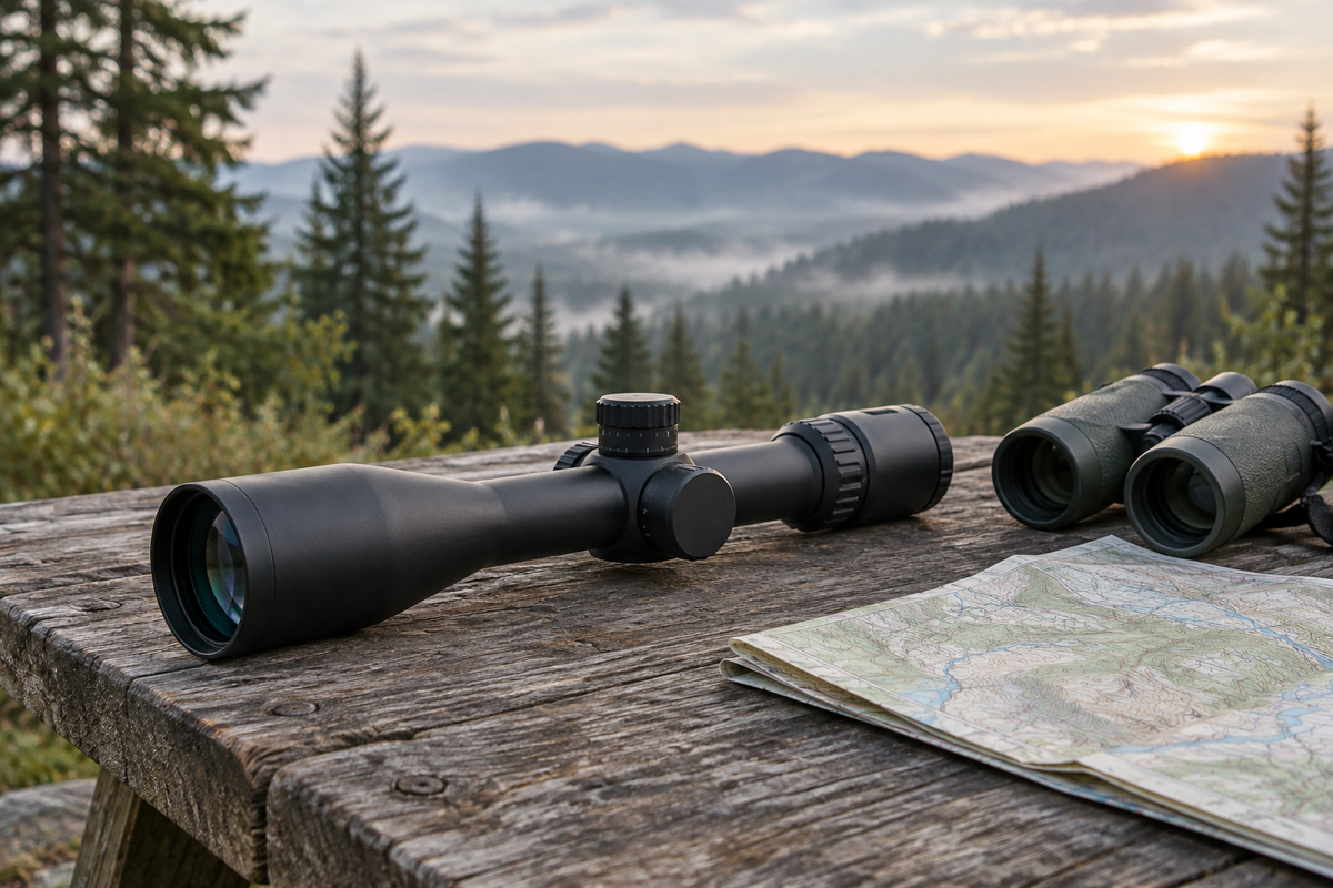 Rifle scope, binoculars, and topographic map on a wooden table overlooking mountain hunting terrain