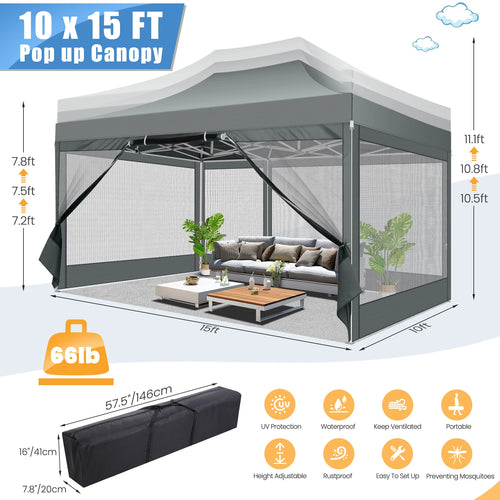 10 × 15 ft pop-up canopy with mesh sidewalls