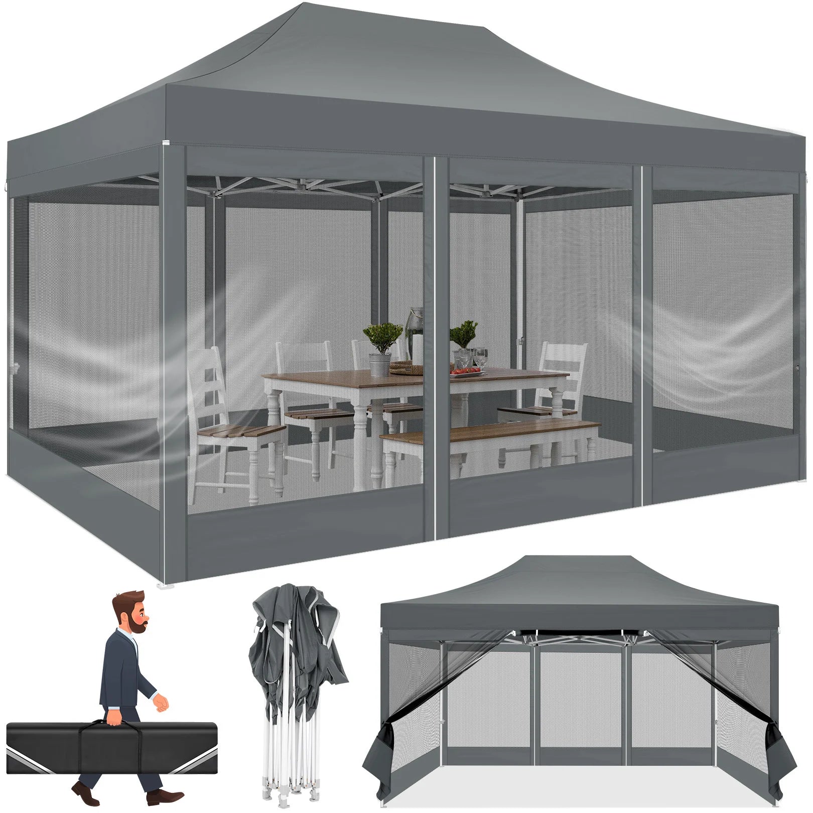 10x15 FT Heavy Duty Pop Up Canopy with 4 Sidewalls, Commercial Gazebo.