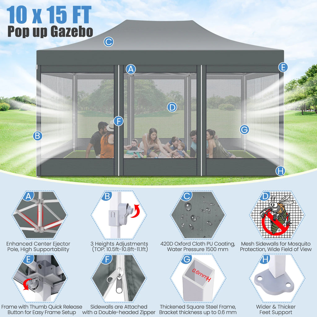 10x15 FT Heavy Duty Pop Up Canopy with 4 Sidewalls, Commercial Gazebo.