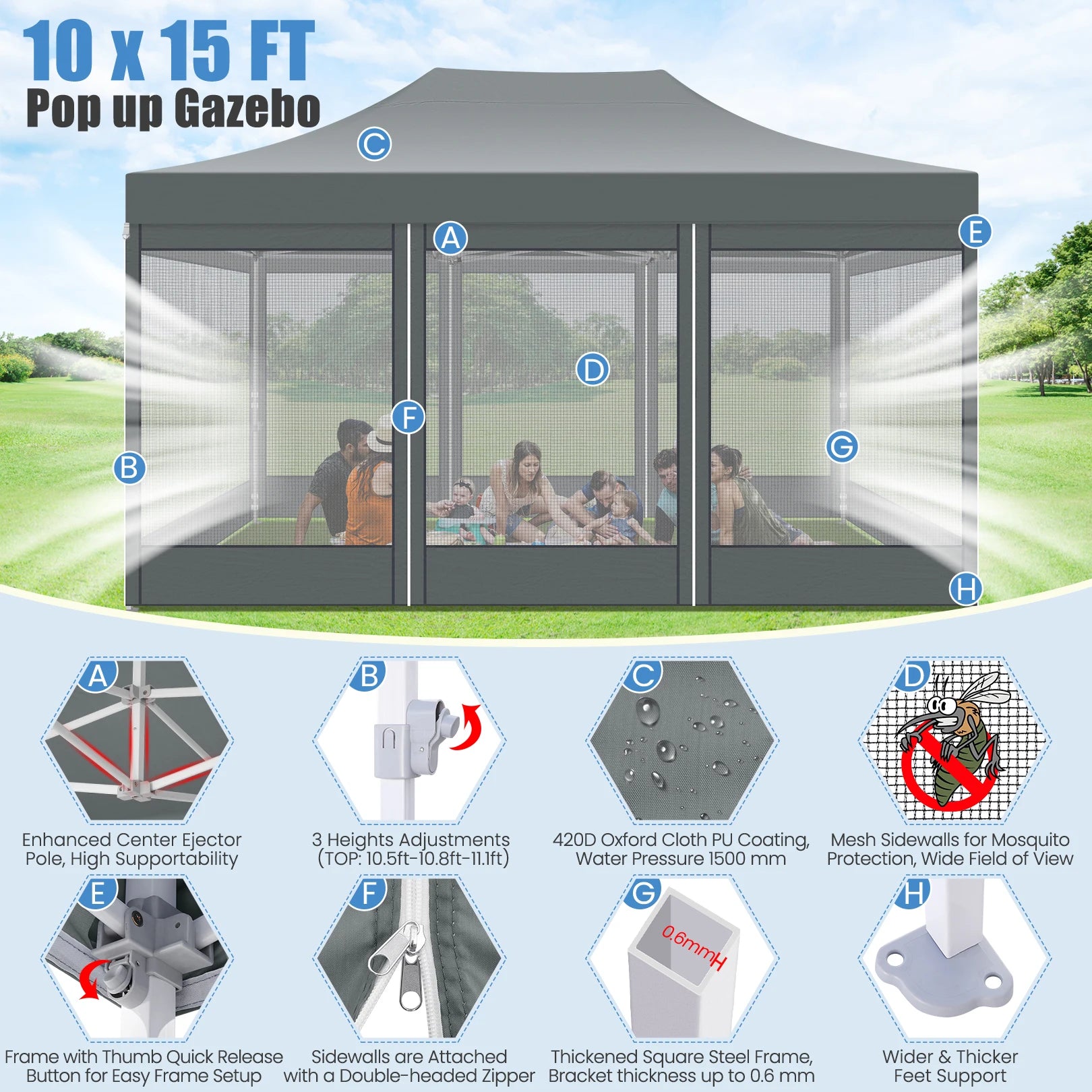10x15 FT Heavy Duty Pop Up Canopy with 4 Sidewalls, Commercial Gazebo.