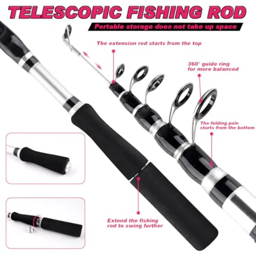 2PCS Telescopic Fishing Rods and Reels Combo Set 6.89ft Spinning Reel Lures Accessories with Storage Bag