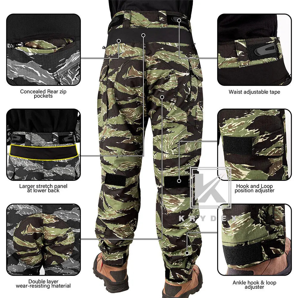 KRYDEX Camouflage Combat Uniform Clothing Hunting Hiking Tactical Shirt & Pants Suit Tiger Stripe Camo