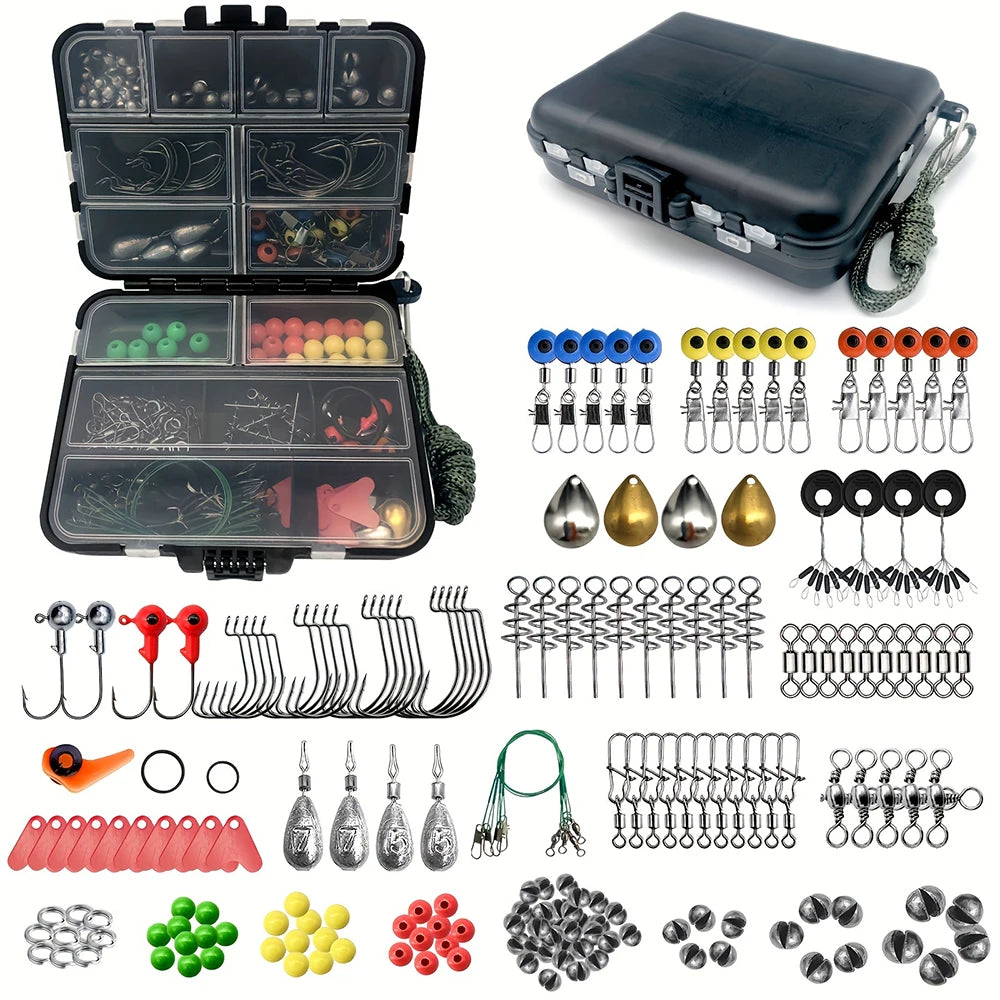 187 piece fishing tackle kit laid out with hooks, sinkers, swivels and bobbers
