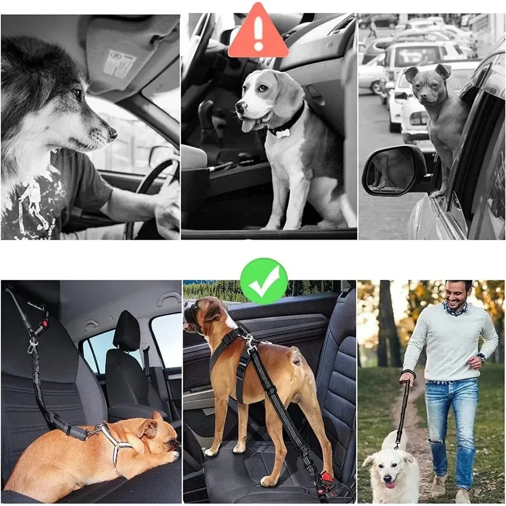 2-in-1 Dog Car Seatbelt Headrest Restraint Adjustable Reflective Pet Safety.