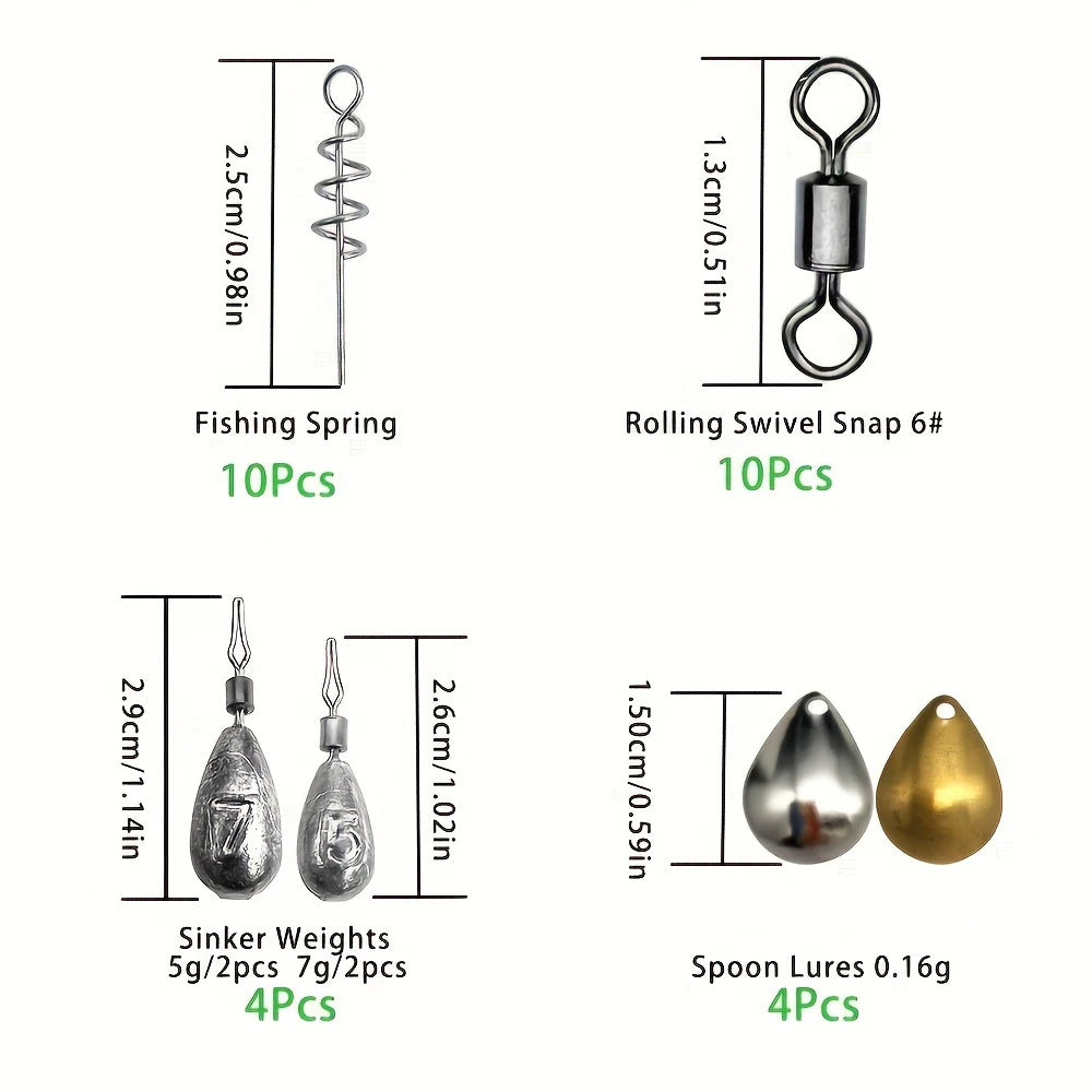 Close up of assorted fishing hooks included in the 187 piece kit