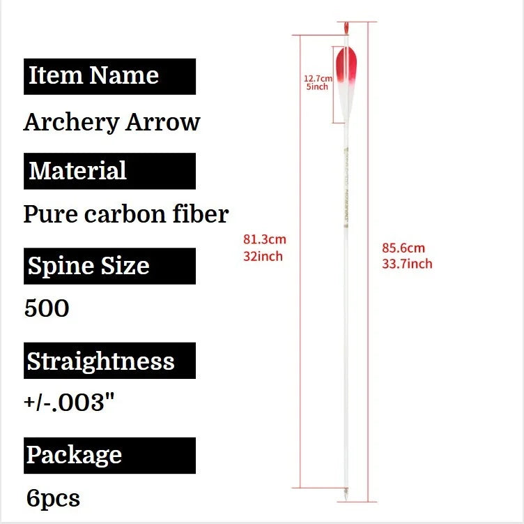 6pcs 32inch Archery Pure Carbon Arrow Spine 500 Shaft +/- 0.003.
