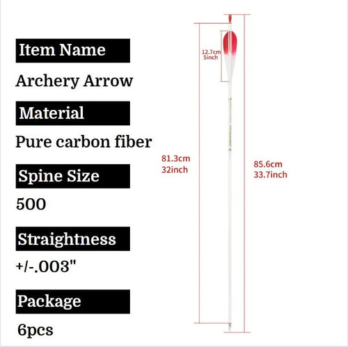 6pcs 32inch Archery Pure Carbon Arrow Spine 500 Shaft +/- 0.003.