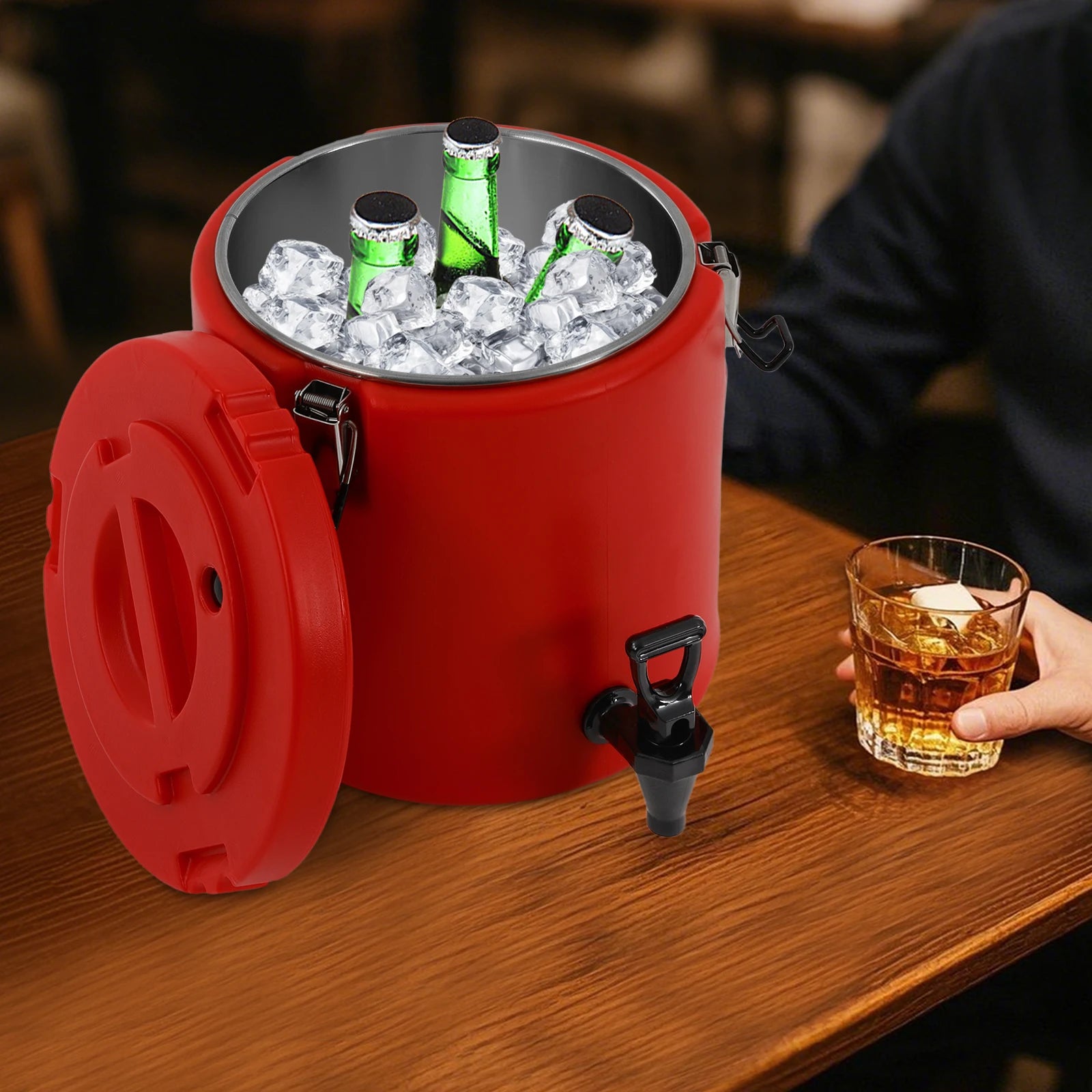 Red 10L 304 Stainless Steel Insulated Beverage Dispenser with Faucet, 8-12 Hours.