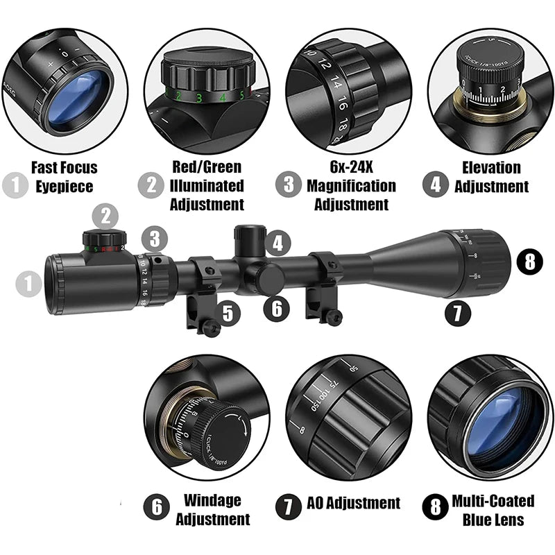 6-24x50 AO Rifle Scope Hunting Long-Range Scope Illuminated Red/Green.