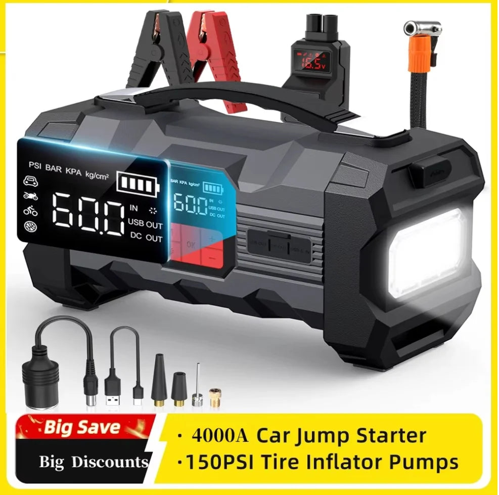 Car Jump Starter Air Pump 150PSI 26800mAh Peak Car Battery Booster Tire Air Compressor