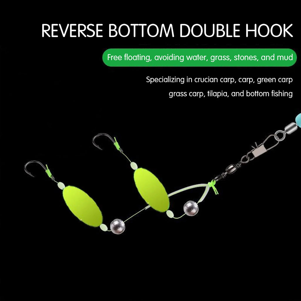 10PCS Buoyant Fishing Hooks Kit Double Hook Reverse Suspended Euro Rig with Golden Sleeve for Bass Trout Saltwater Fishing