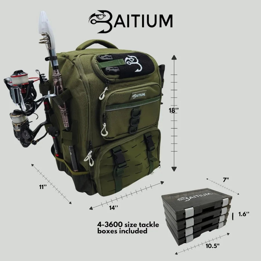 Baitium Fishing Backpack Tackle Bag With Rod Holders 40L Capacity With Cooler Rain.