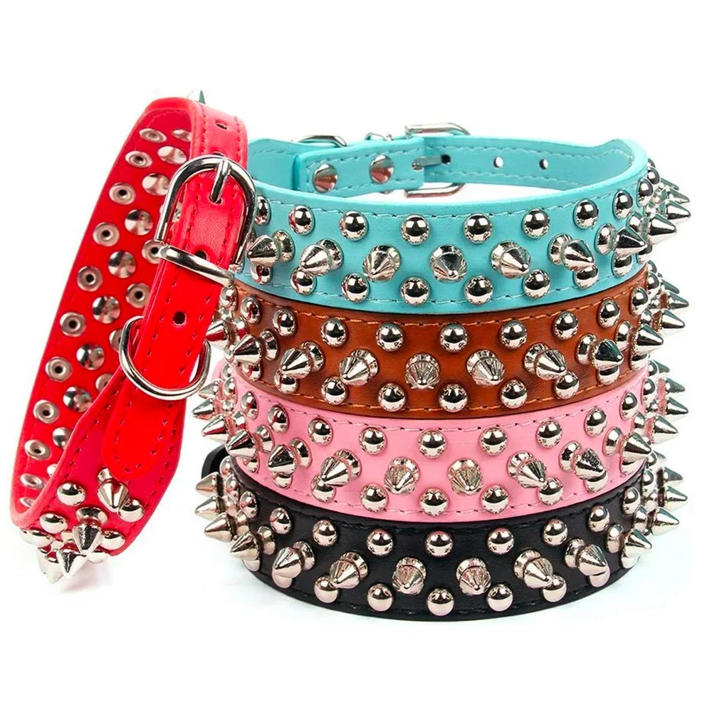 Adjustable Leather Pet Dog collar Neck Strap Supplies PU Leather Punk.