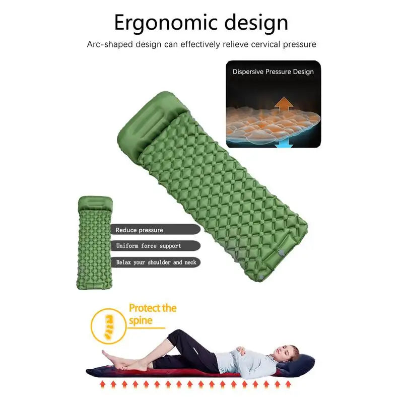 Inflatable Camping Mattress With Pillow Outdoor Sleeping Pad Ultralights.