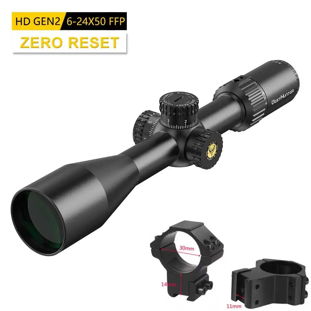 WestHunter HD GEN2 6-24X50 FFP Riflescope 1/10 MIL First Focal Plane Etched Glass.
