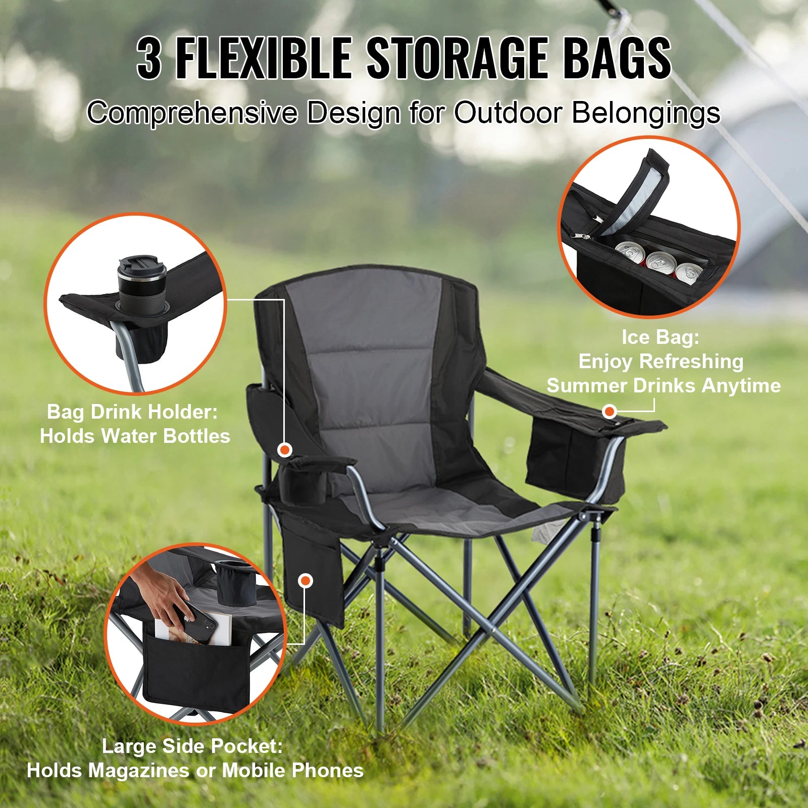 Portable Camping Chair with Lumbar Support - Heavy-Duty Folding Quad Chair
