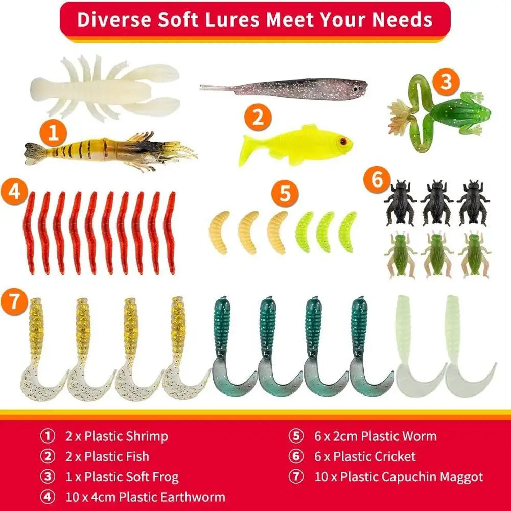 Freshwater Fishing Kit: Bass, Trout, Salmon Lures with Spoons, Soft Worms, Tackle Box for Men