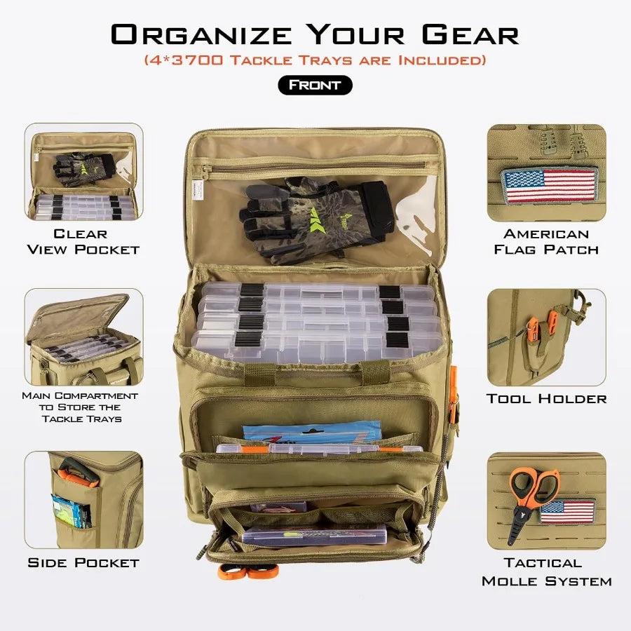 KastKing Karryall Fishing Tackle Bags with 4 3700 Tackle Trays for Saltwater and Freshwater.