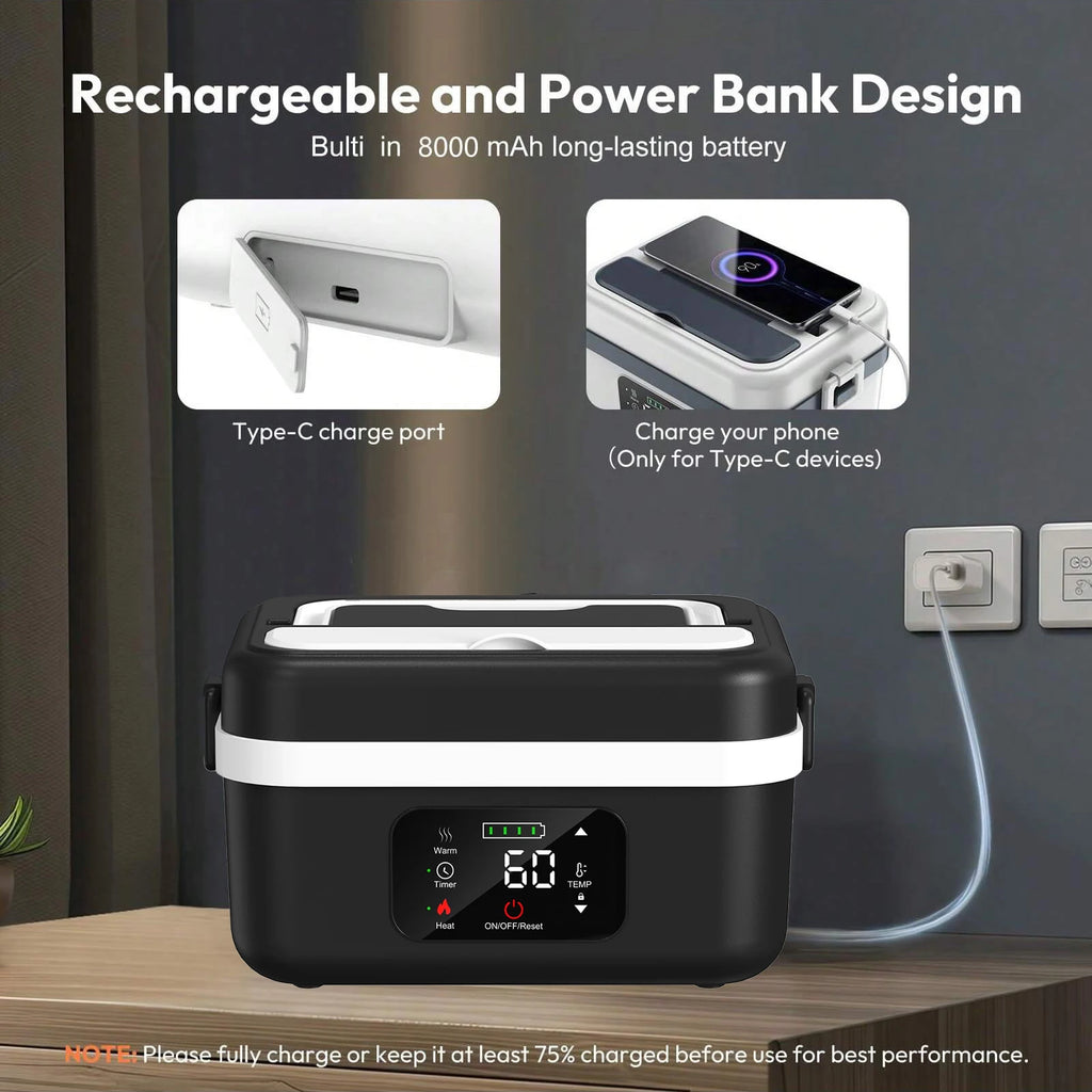 Wireless Electric Insulated Lunch Box - Built-in 8000mAh Battery, 60W Heating Lunch Box.
