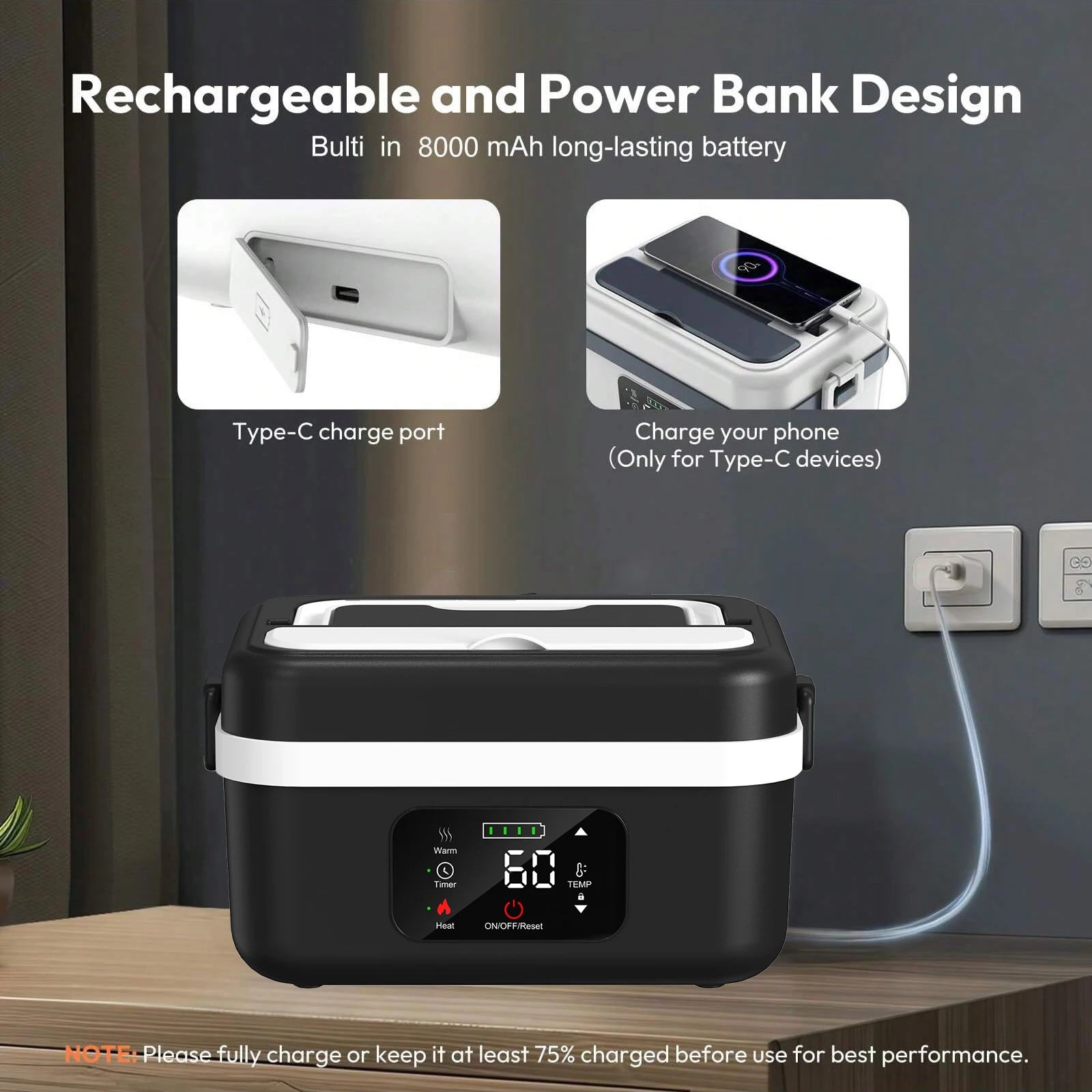 Wireless Electric Insulated Lunch Box - Built-in 8000mAh Battery, 60W Heating Lunch Box.