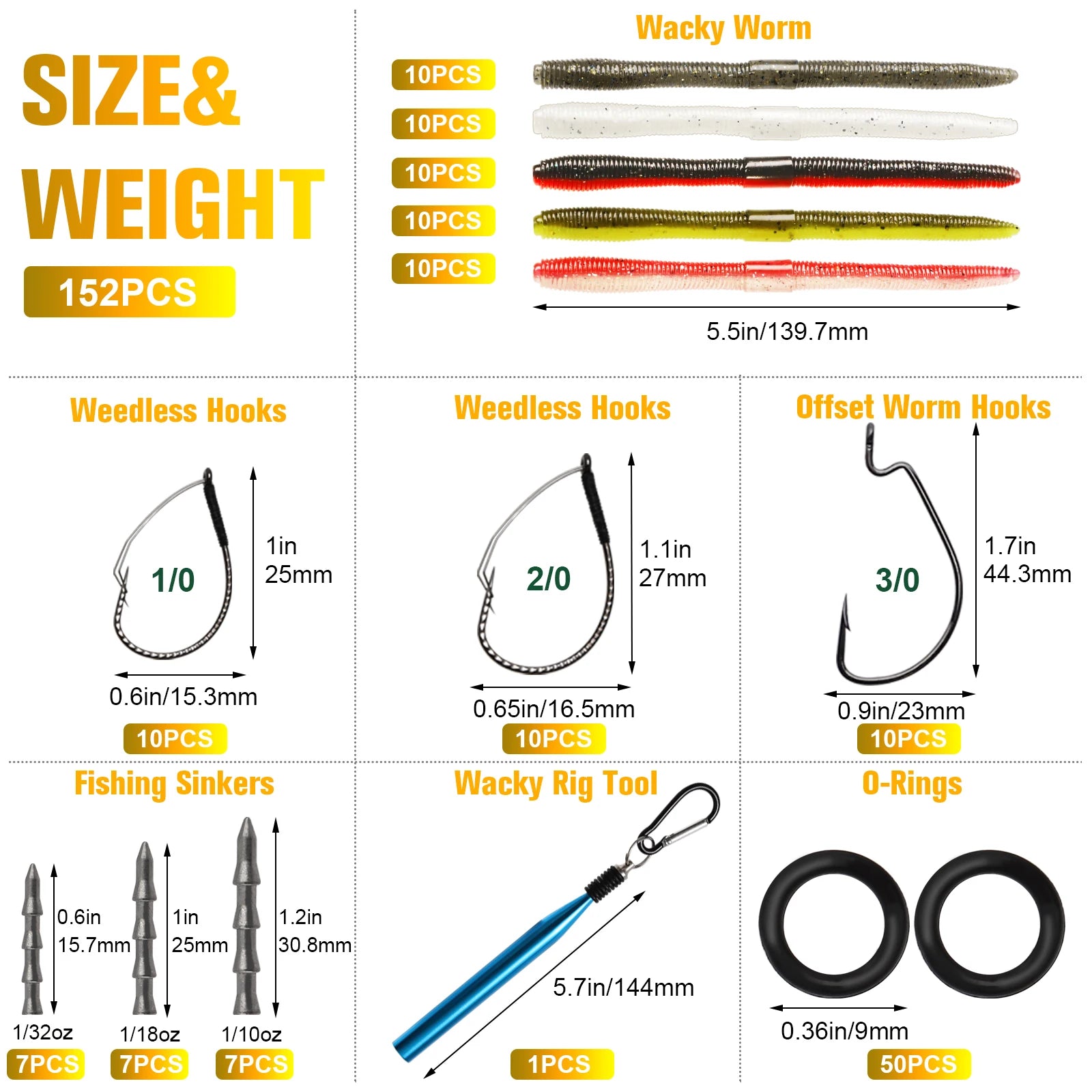 152Pcs Wacky Worm Kit for Bass Trout Fishing - Soft Plastic Baits, Bass Hooks.