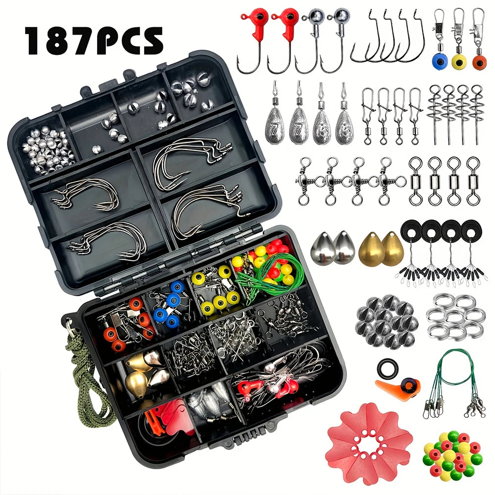 Organized tackle box tray showing sorted fishing hooks and weights