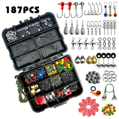 Organized tackle box tray showing sorted fishing hooks and weights