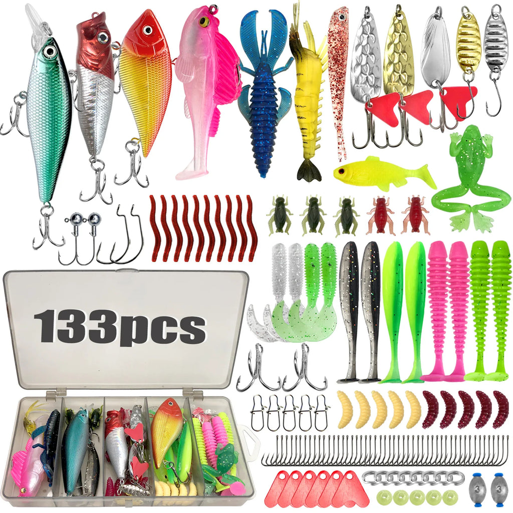 133-Piece Starter Kit contents with clear tackle box - crankbaits, metal spoons, soft plastic swimbaits and grubs, frog lure, jig heads, worm hooks and terminal tackle