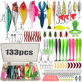 133-Piece Starter Kit contents with clear tackle box - crankbaits, metal spoons, soft plastic swimbaits and grubs, frog lure, jig heads, worm hooks and terminal tackle