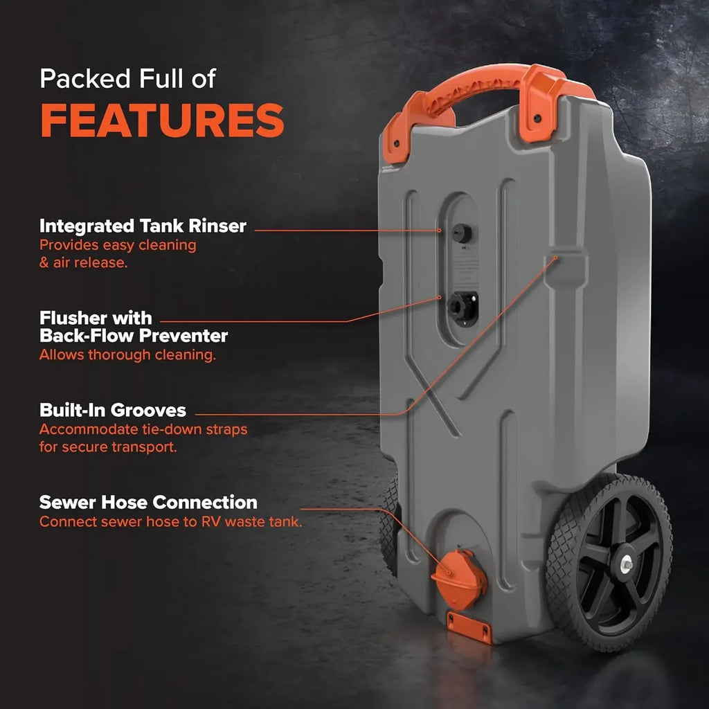 21-Gallon RV Portable Waste Tank -Features Large Heavy-Duty No-Flat Wheels & Low Drain Hole.