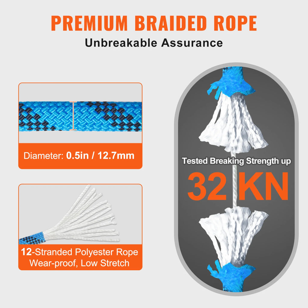 VEVOR 12.7mm Static Climbing Rope 125/150/200ft Outdoor Rock Climbing Rope 30KN.