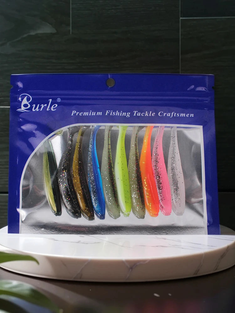 10Pcs 9cm Fishing Lures T Tail Worm Soft Bait Plastic Paddle.