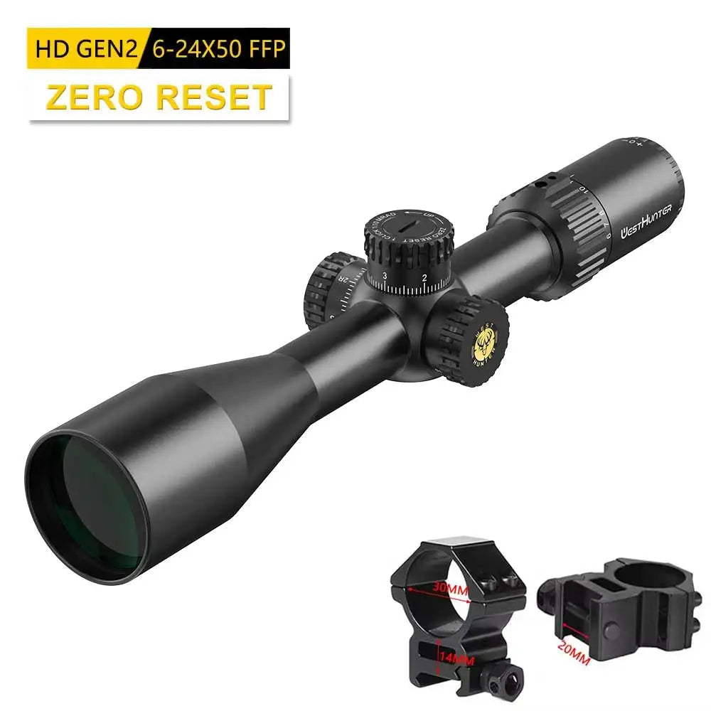 WestHunter HD GEN2 6-24X50 FFP Riflescope 1/10 MIL First Focal Plane Etched Glass.