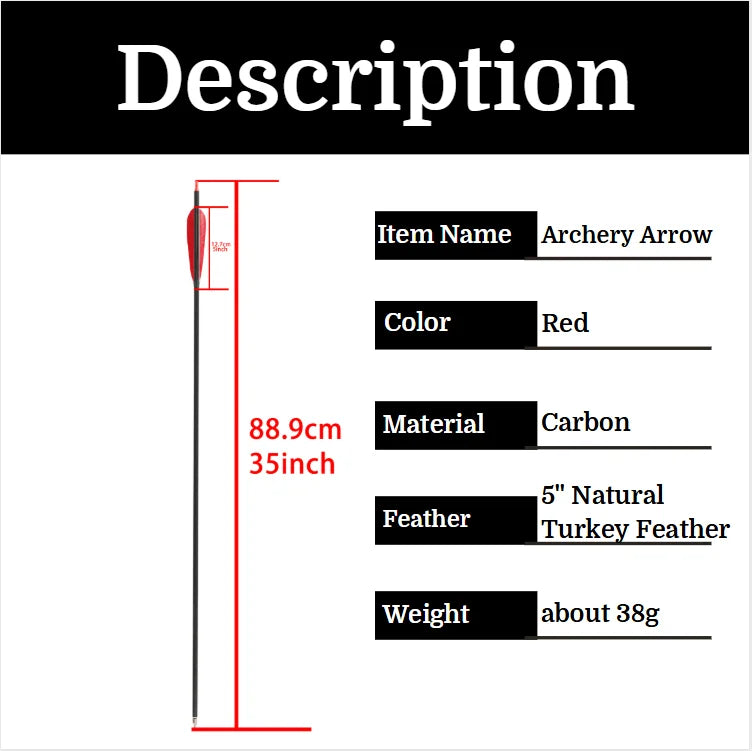 12X 33" Carbon Arrows ID 6.2mm OD 7.62mm Natural Feathers 5''.