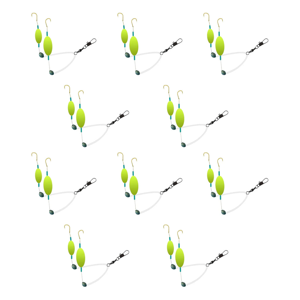 10PCS Buoyant Fishing Hooks Kit Double Hook Reverse Suspended Euro Rig with Golden Sleeve for Bass Trout Saltwater Fishing