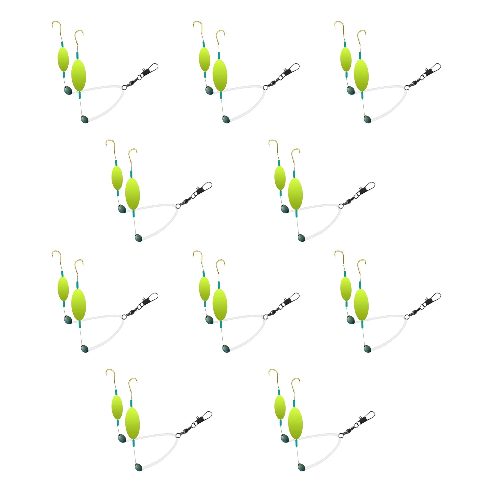10PCS Buoyant Fishing Hooks Kit Double Hook Reverse Suspended Euro Rig with Golden Sleeve for Bass Trout Saltwater Fishing