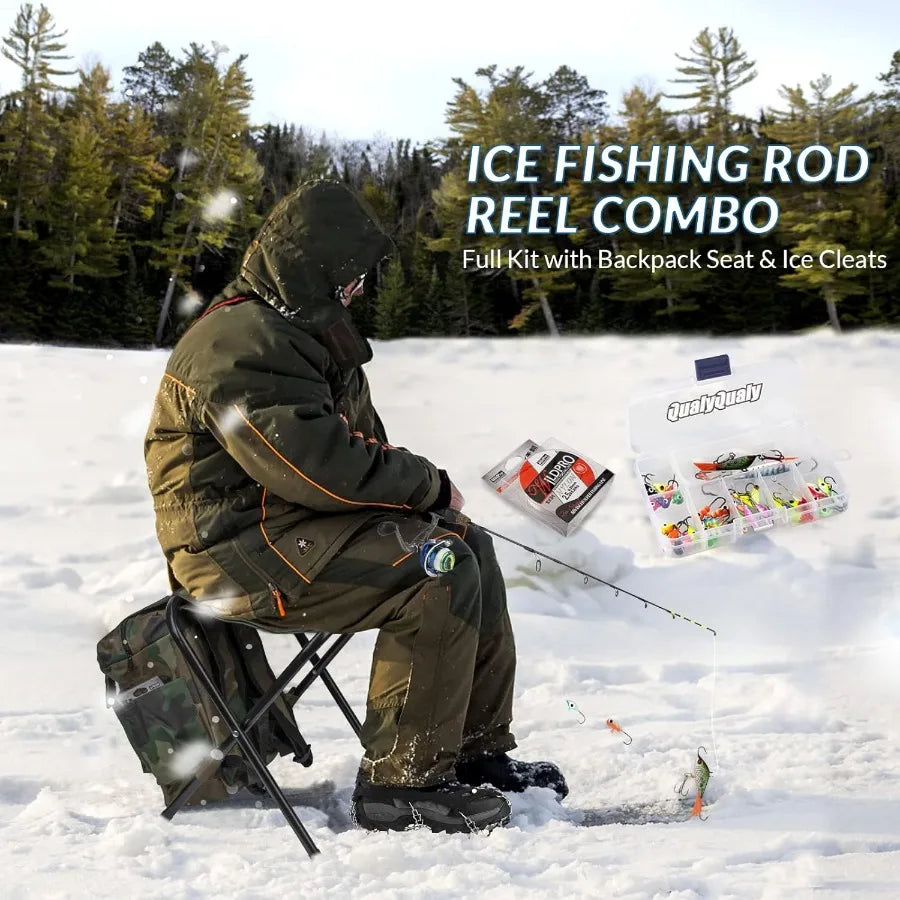 Complete Ice Fishing Kit with Reel Combo Backpack Seat Ice Cleats Jigs.
