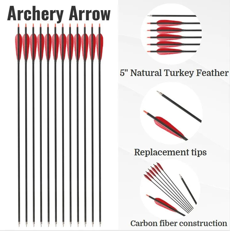 12X 33" Carbon Arrows ID 6.2mm OD 7.62mm Natural Feathers 5''.