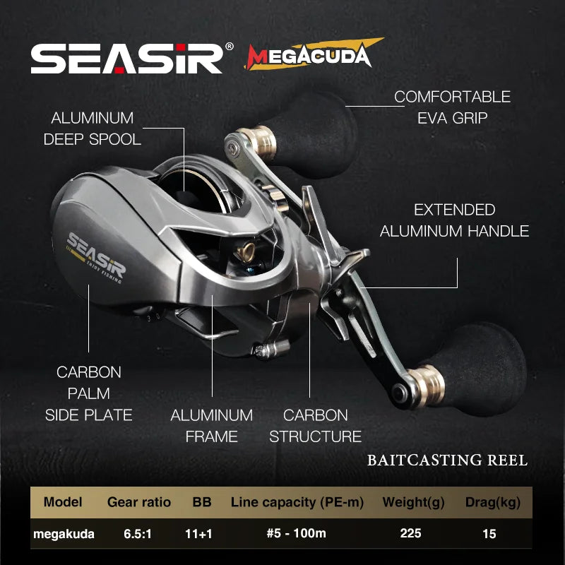 Seasir Megacuda Baitcasting Reel Drag 15KG Deep Spool 6.5:1 Aluminum Frame Carbon Side Double.