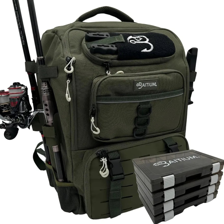 Fishing Tackle Backpack with Rod Holder for Outdoor Adventures: 2 Tackle Boxes.