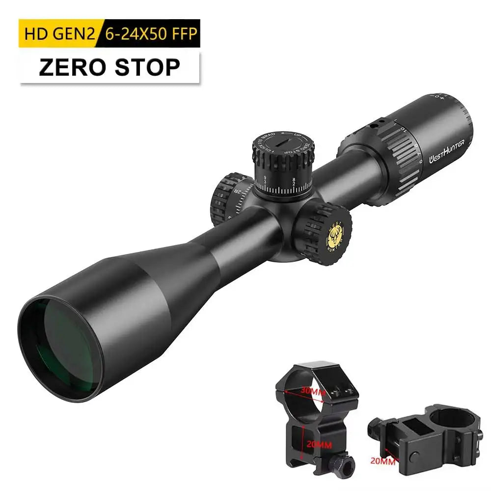 WestHunter HD GEN2 6-24X50 FFP Riflescope 1/10 MIL First Focal Plane Etched Glass.