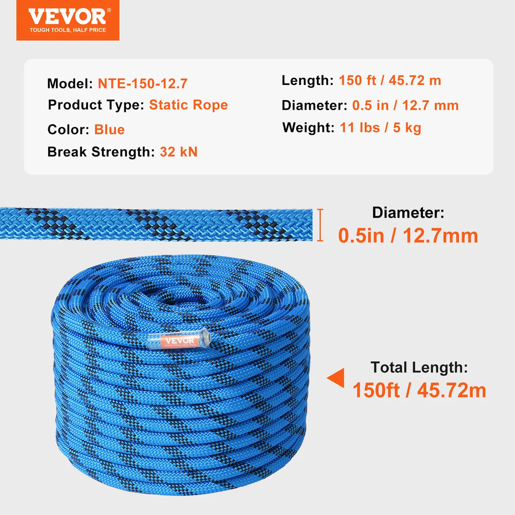VEVOR 12.7mm Static Climbing Rope 125/150/200ft Outdoor Rock Climbing Rope 30KN.