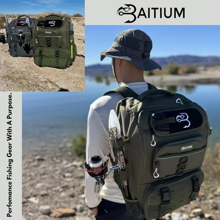 Baitium Fishing Backpack Tackle Bag With Rod Holders 40L Capacity With Cooler Rain.