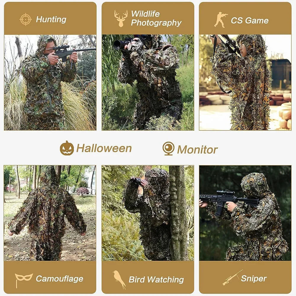 3D Ghillie Suit Tactical Outdoor Camouflage Clothes Leafy Bionic Jungle.
