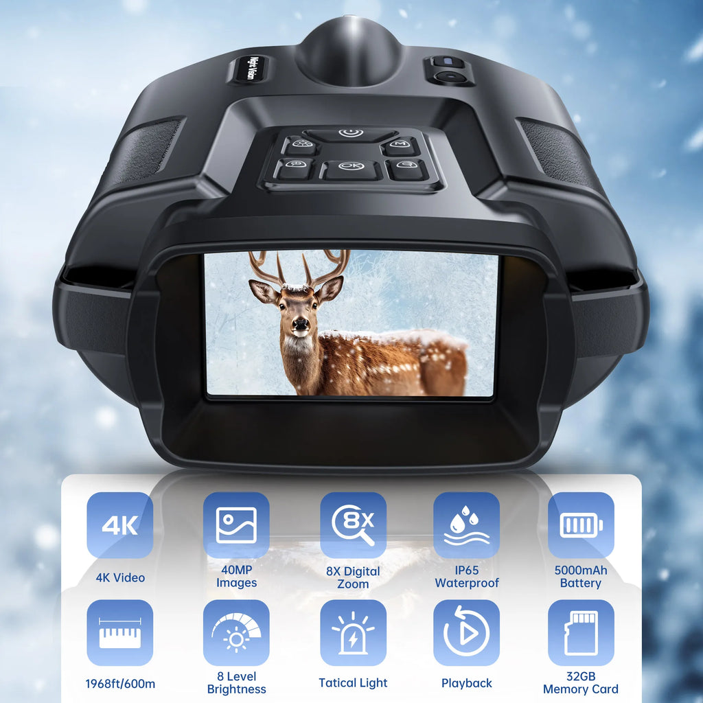 4K Night Vision Binoculars 3" Screen 8X Digital Zoom with Tactical Light