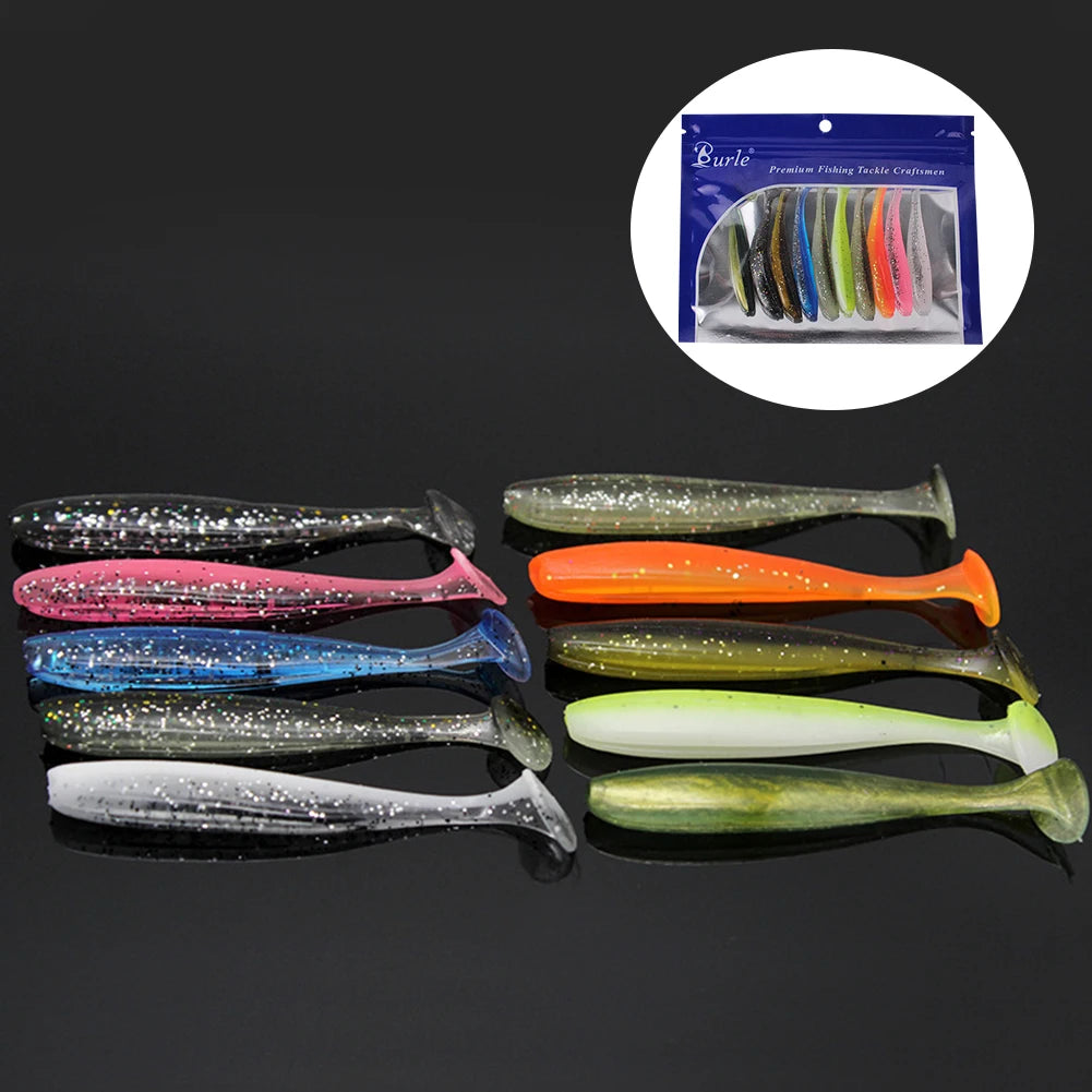 10Pcs 9cm Fishing Lures T Tail Worm Soft Bait Plastic Paddle.